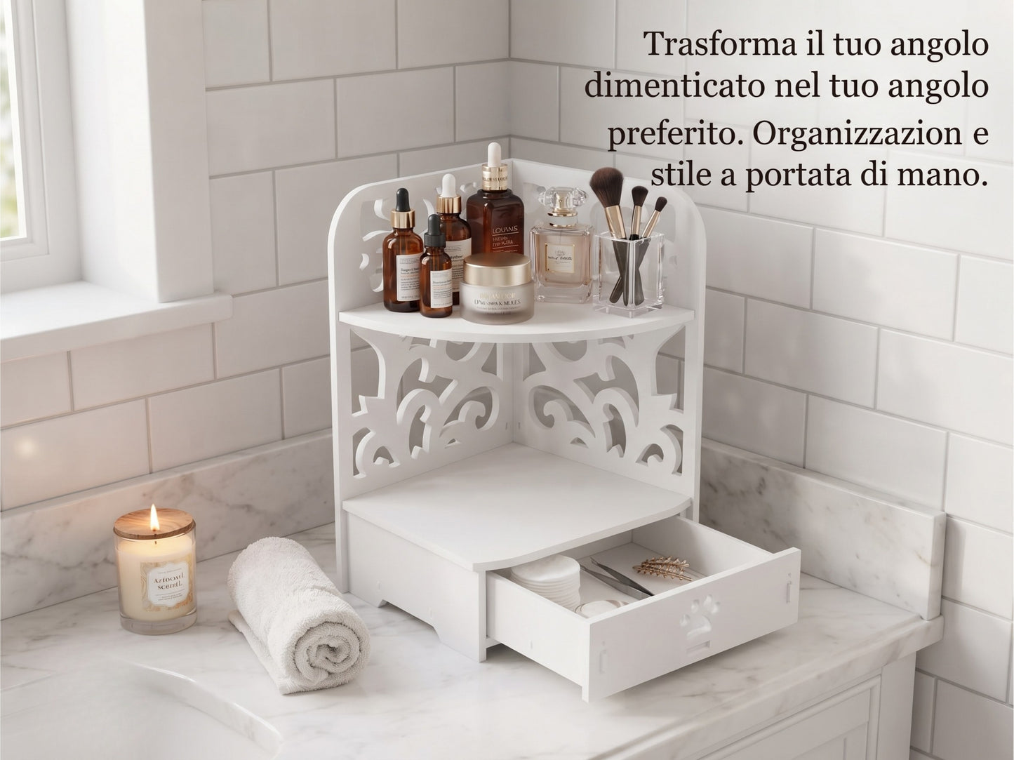 Scaffale Angolare Multifunzione con Cassetto - Organizzatore Salvaspazio per Casa e Ufficio (22x35x22cm)