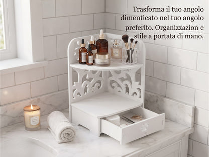 Scaffale Angolare Multifunzione con Cassetto - Organizzatore Salvaspazio per Casa e Ufficio (22x35x22cm)