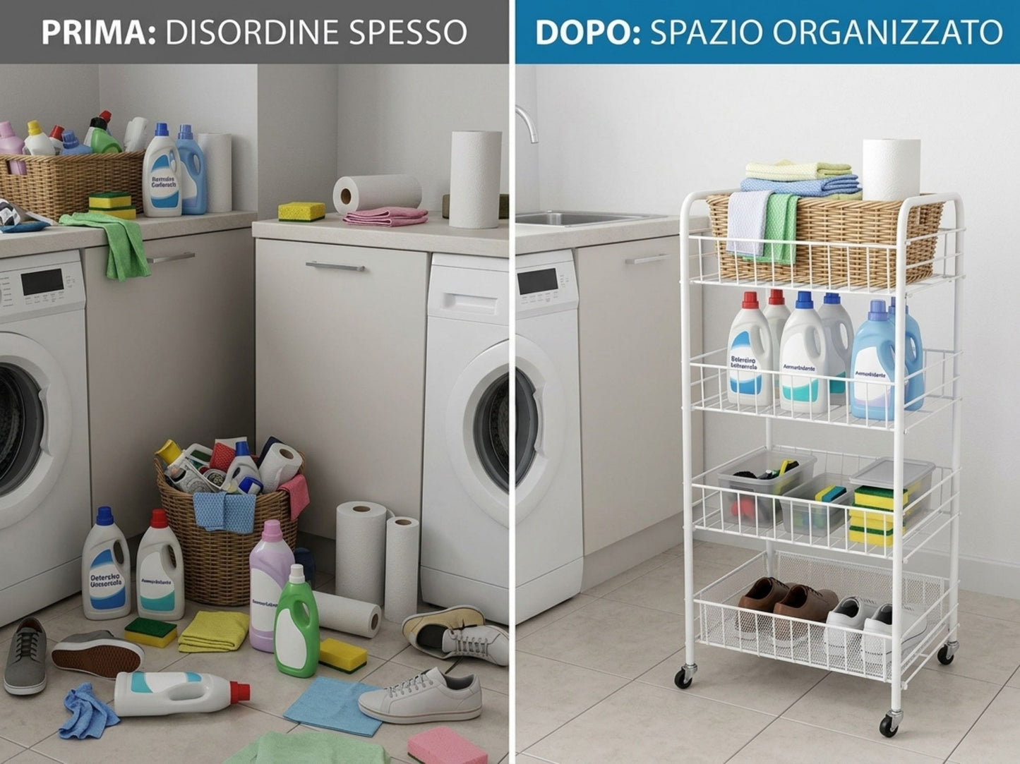 Carrello Salvaspazio a 4 Ripiani con Ruote per Cucina e Bagno, Bianco - 37.5x31.5x76 cm