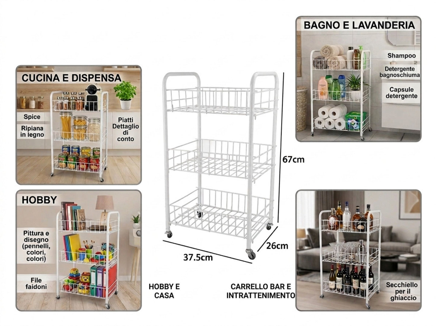 Carrello Salvaspazio a 3 Ripiani con Ruote per Cucina e Bagno, Bianco - 37.5x26x67 cm