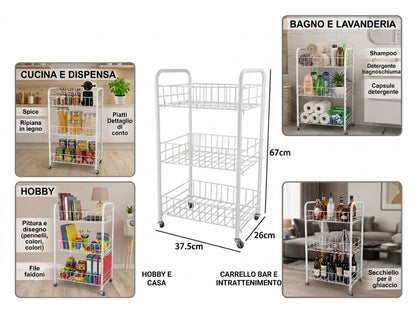 Carrello Salvaspazio a 3 Ripiani con Ruote per Cucina e Bagno, Bianco - 37.5x26x67 cm
