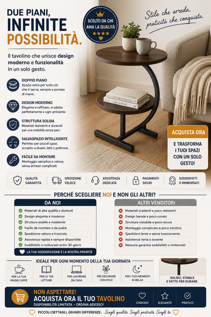Tavolino Side Table a 2 Ripiani Rotondi - Tavolo d'Appoggio Design Curvo per Divano, 40x30x65 cm