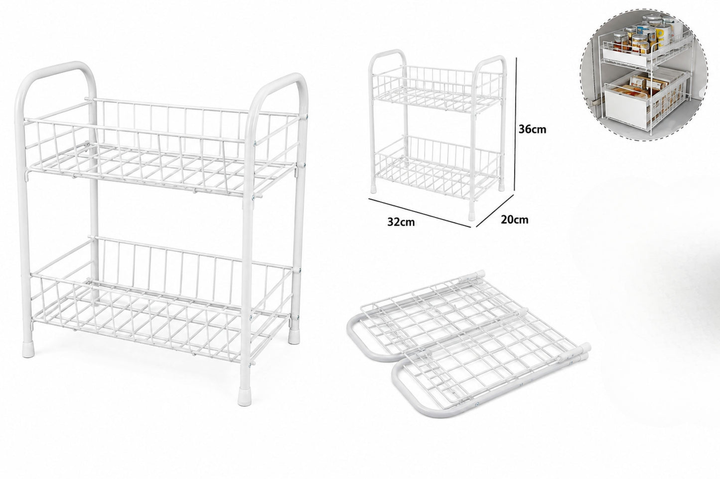 Organizer a 2 Ripiani in Metallo per Cucina e Bagno, Bianco - 32x20x36 cm