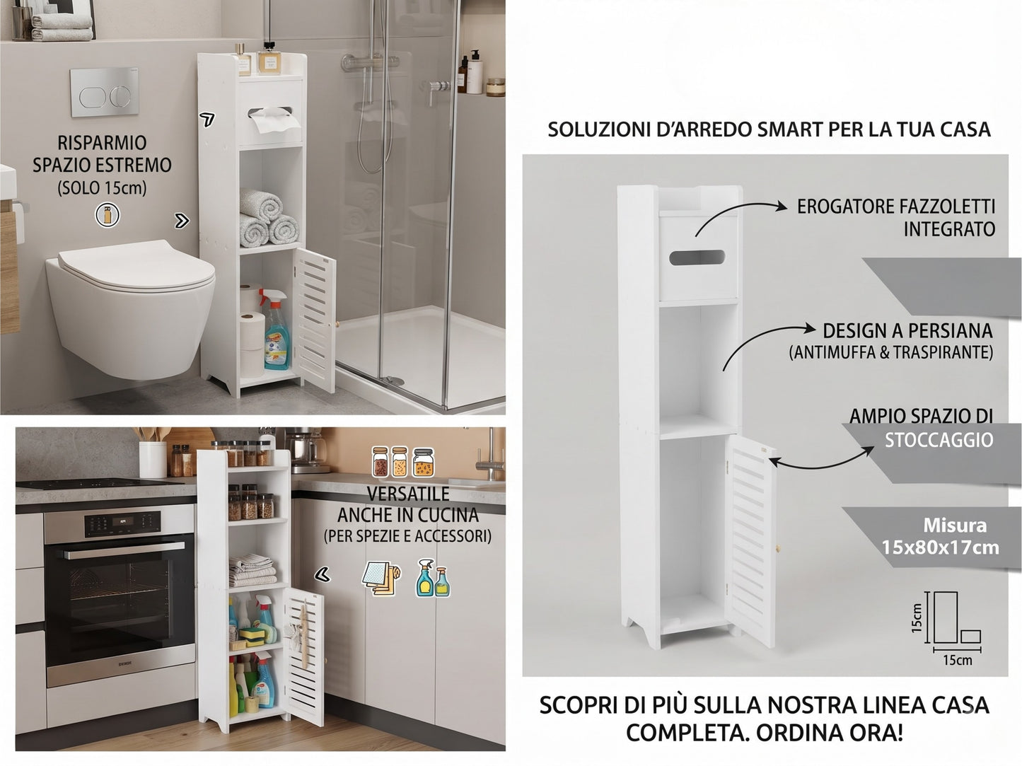 Mobiletto Bagno Salvaspazio 15x17x80cm, Colonna Sottile, Bianco