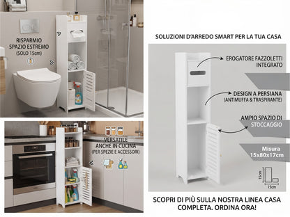 Mobiletto Bagno Salvaspazio 15x17x80cm, Colonna Sottile, Bianco