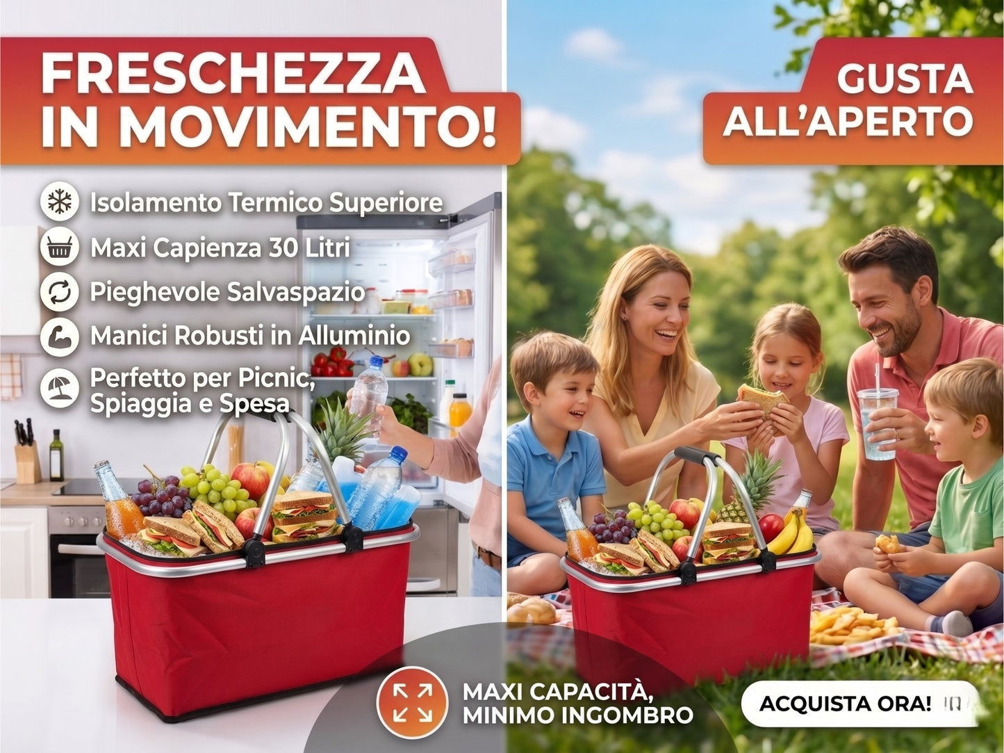 Cestino Termico Pieghevole 30 Litri con Manici in Alluminio