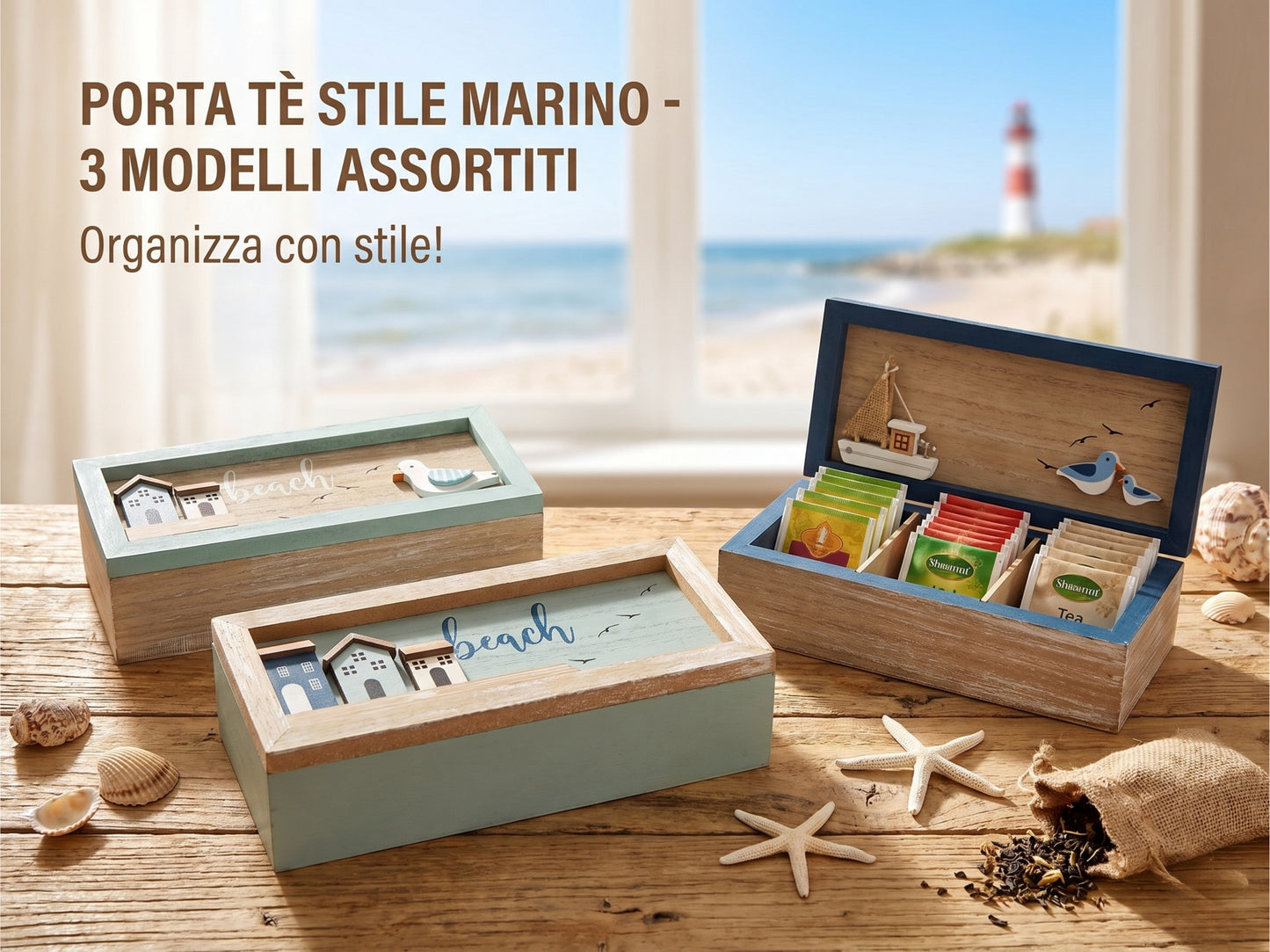 Scatola Porta Tè in Legno Stile Mare con 3 Scomparti - 3 Modelli Assortiti