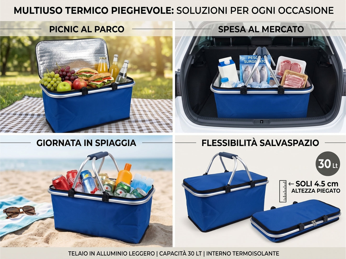 Cestino Termico Pieghevole 30 Litri con Manici in Alluminio
