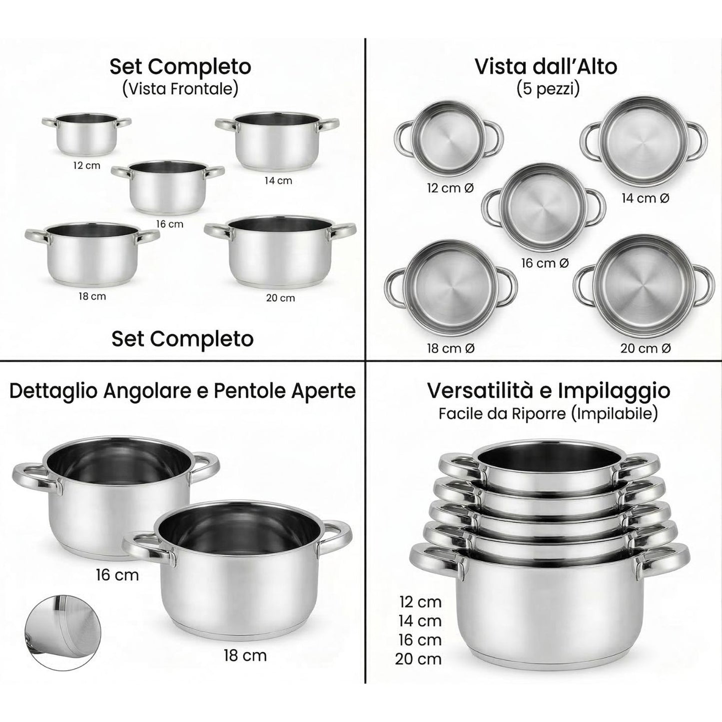 Set 5 Casseruole in Acciaio Inox con 2 Manici - Misure da 12 a 20 cm