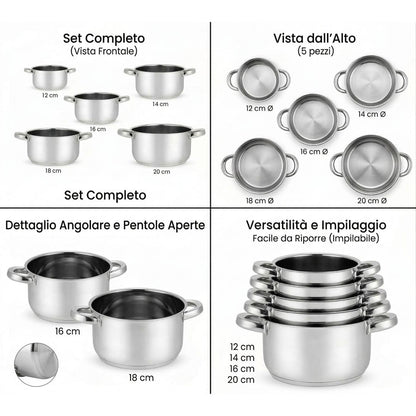 Set 5 Casseruole in Acciaio Inox con 2 Manici - Misure da 12 a 20 cm