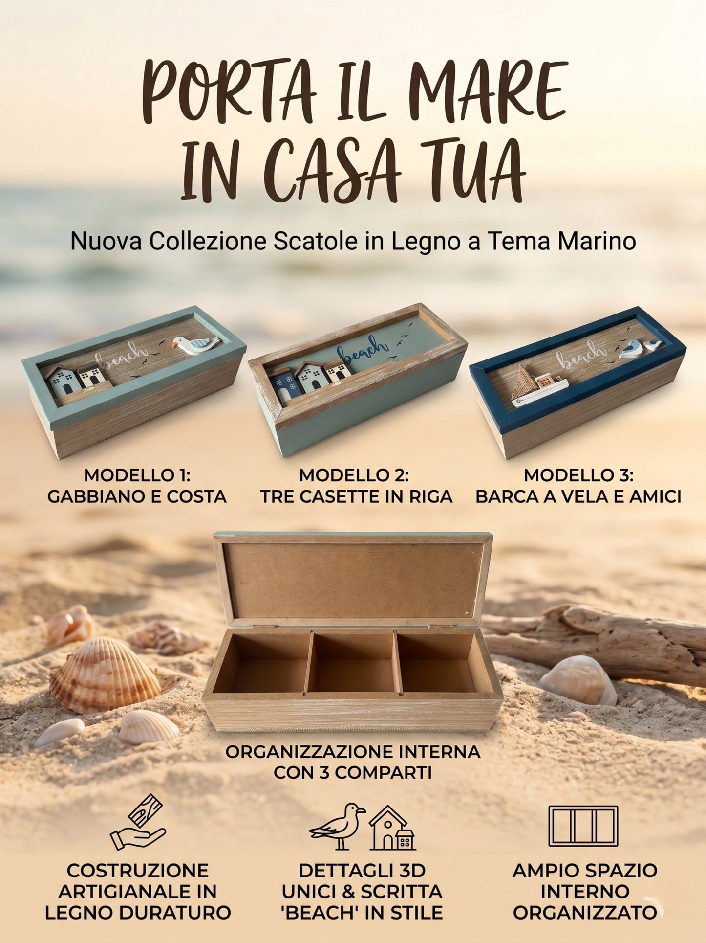 Scatola Porta Tè in Legno Stile Mare con 3 Scomparti - 3 Modelli Assortiti