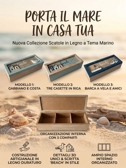 Scatola Porta Tè in Legno Stile Mare con 3 Scomparti - 3 Modelli Assortiti