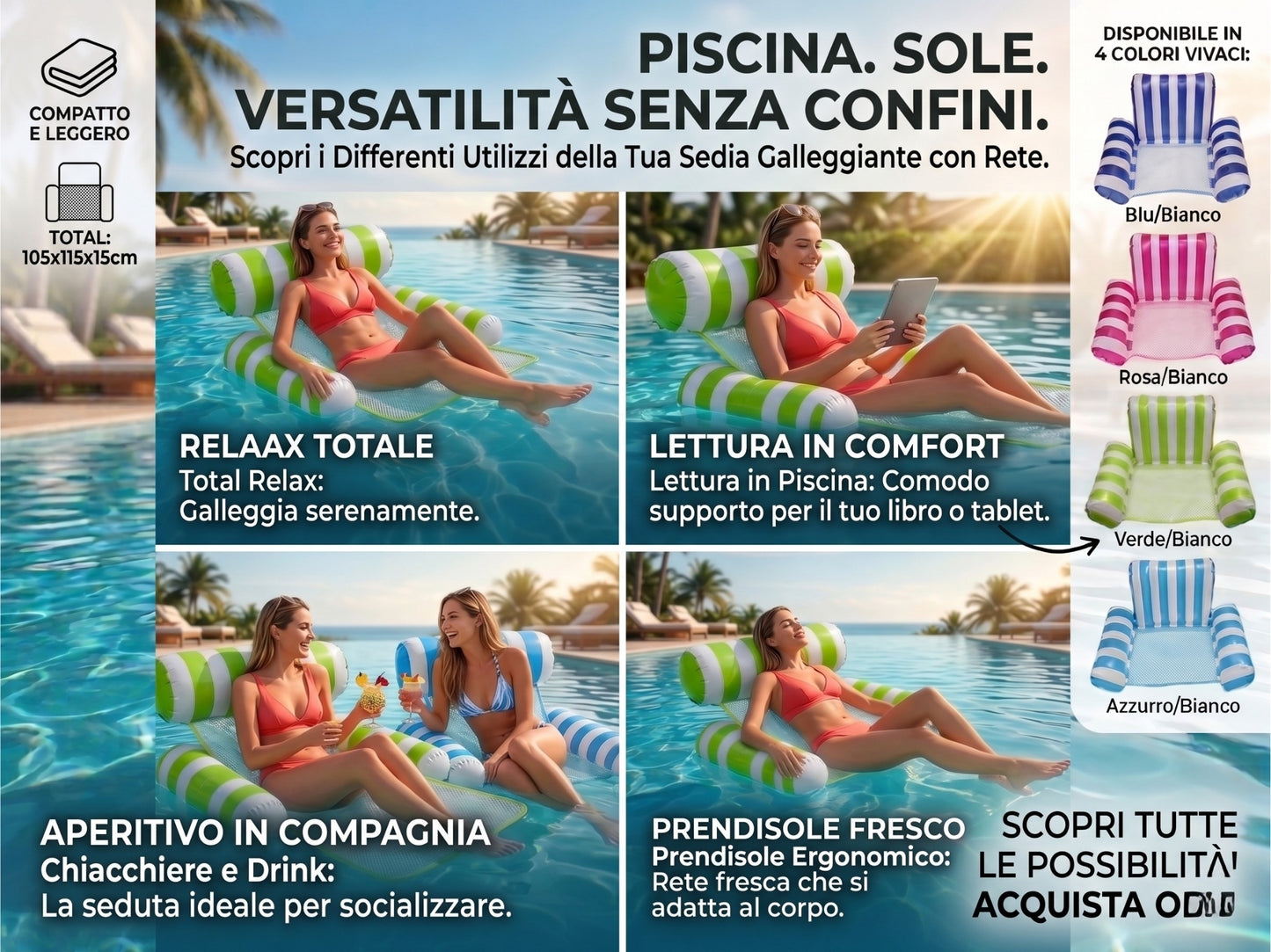 Amaca Galleggiante Pieghevole per Piscina e Mare con Rete Traspirante