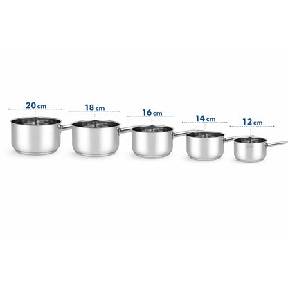 Set 5 Casseruole in Acciaio Inox - Pentole Professionali con Manico Lungo, 12-20 cm