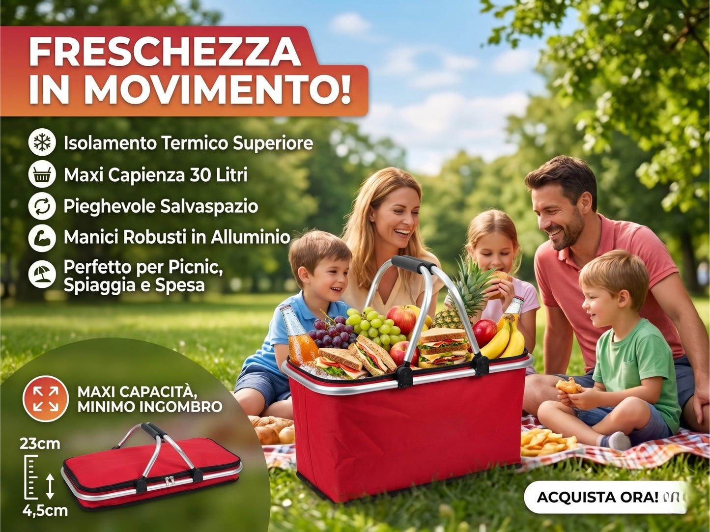 Cestino Termico Pieghevole 30 Litri con Manici in Alluminio