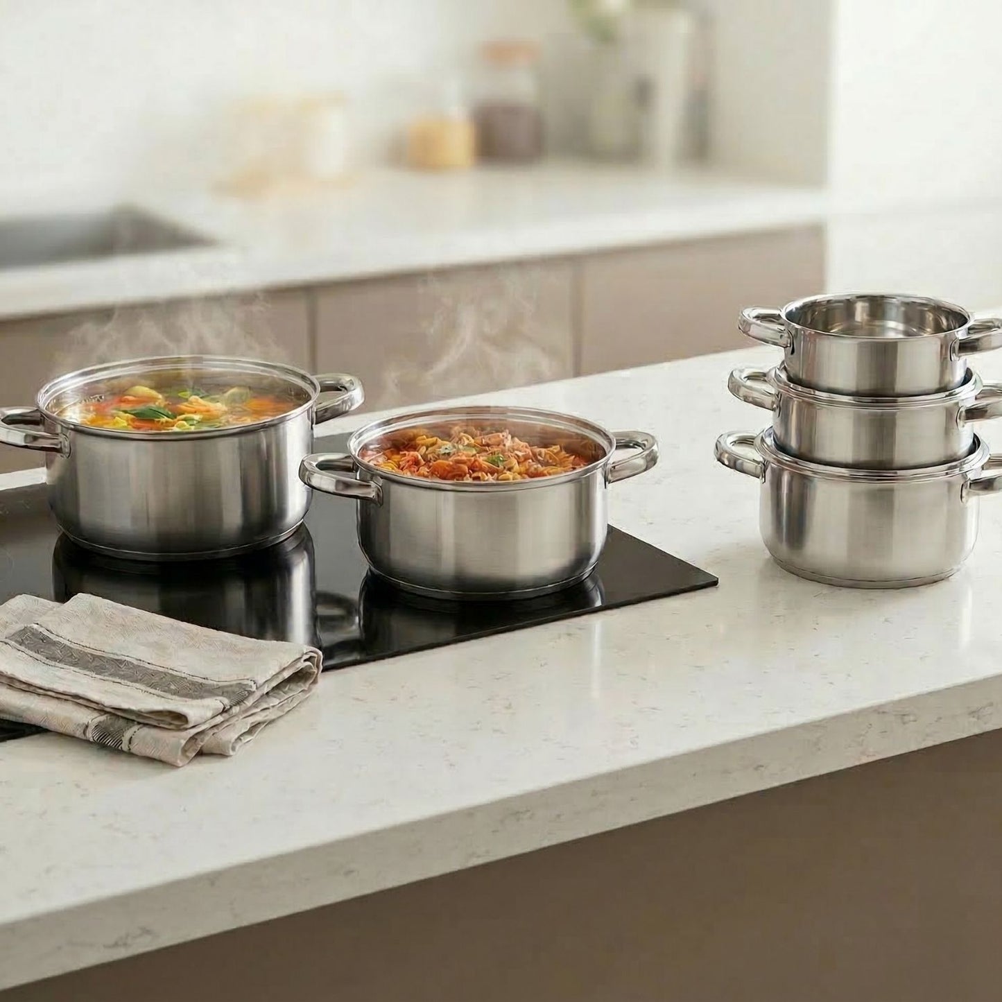 Set 5 Casseruole in Acciaio Inox con 2 Manici - Misure da 12 a 20 cm
