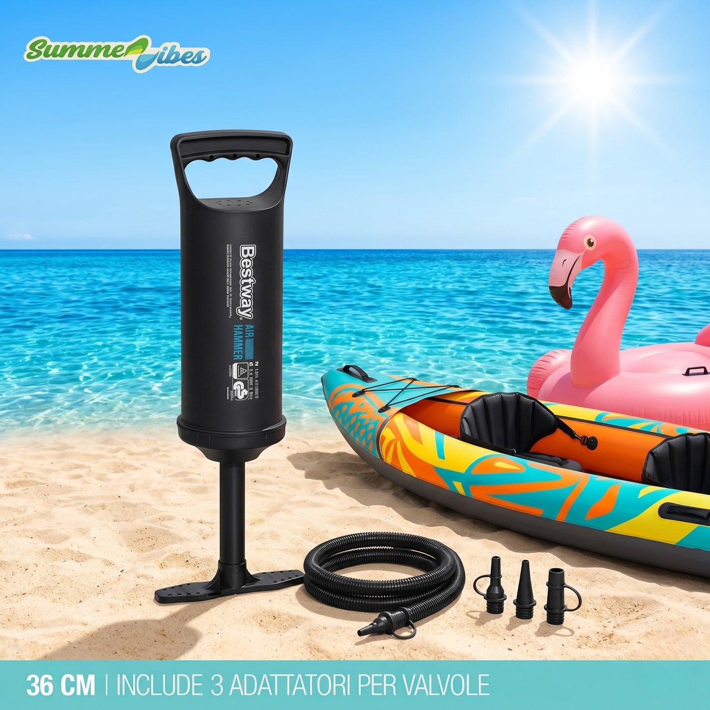 Bestway Air Hammer™ - Pompa a Mano 36cm con 3 Adattatori Valvola