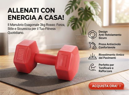 Manubrio Esagonale 3 Kg Rosso in Polietilene per Fitness e Allenamento a Casa