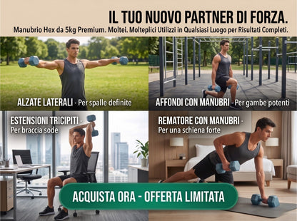 Manubrio Esagonale 5 Kg Grigio in Polietilene per Fitness e Allenamento a Casa