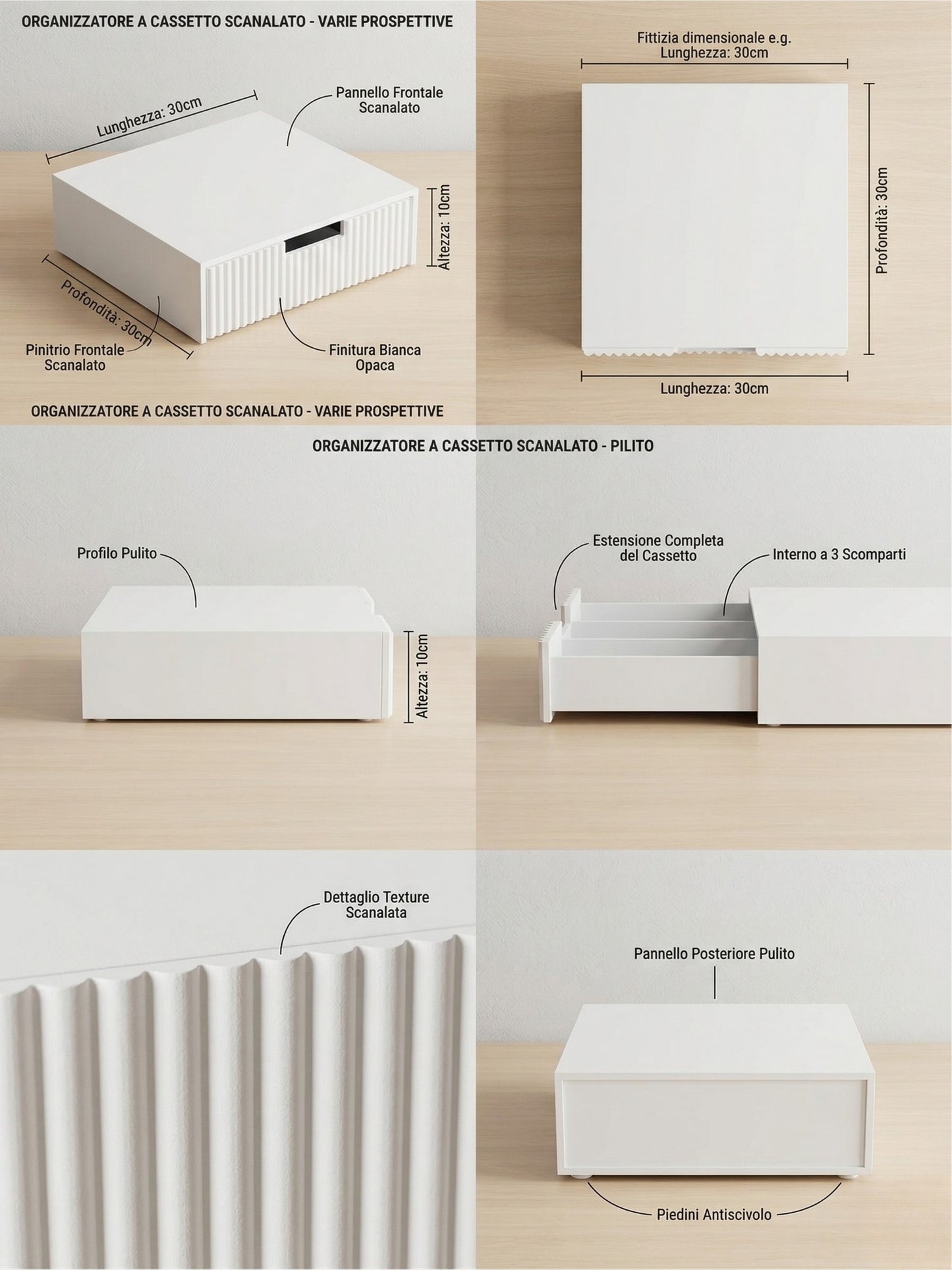 Organizer Portacialde Bianco a 3 Scomparti con Frontale Cannettato - 30x30x10 cm