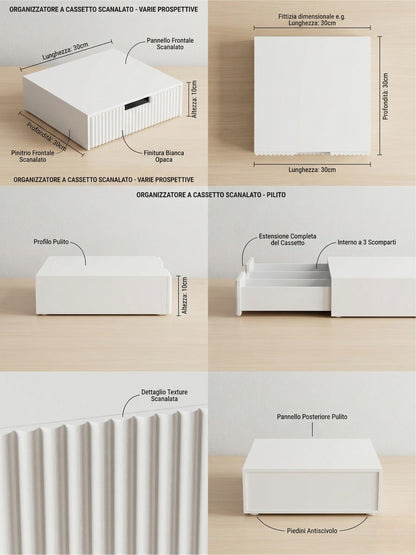 Organizer Portacialde Bianco a 3 Scomparti con Frontale Cannettato - 30x30x10 cm