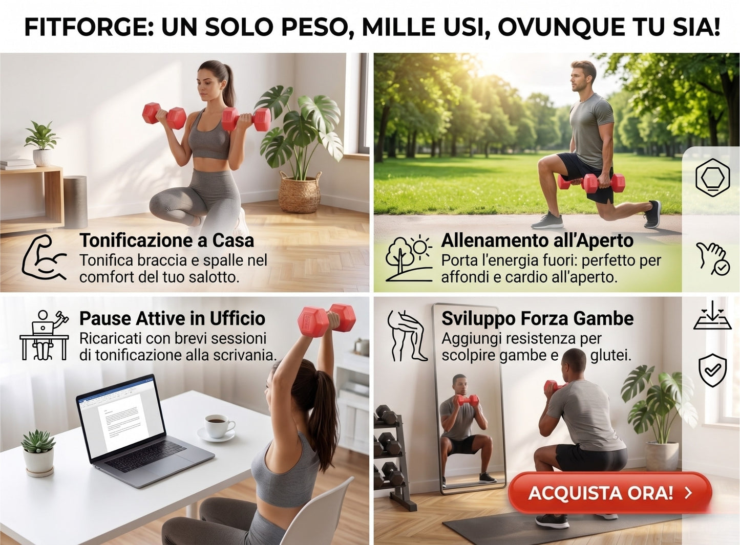 Manubrio Esagonale 3 Kg Rosso in Polietilene per Fitness e Allenamento a Casa