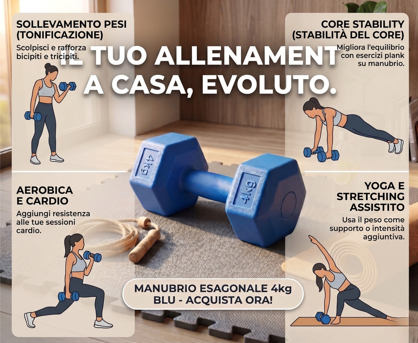 Manubrio Esagonale 4 Kg Blu in Polietilene per Fitness e Allenamento a Casa