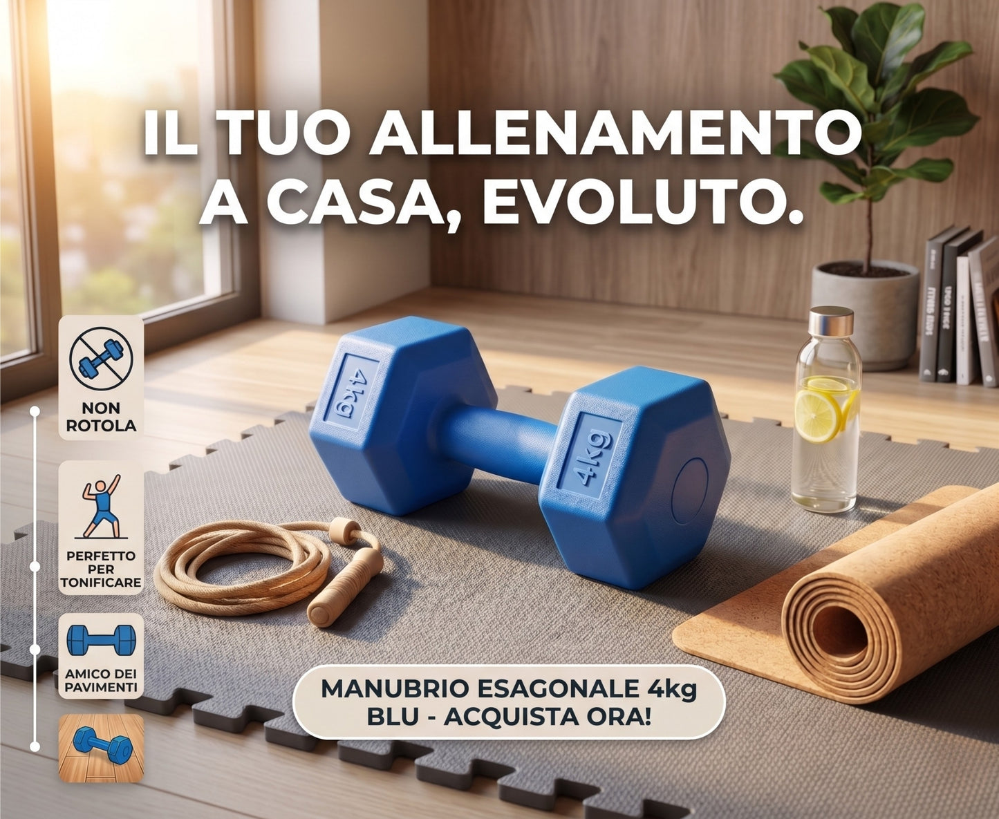 Manubrio Esagonale 4 Kg Blu in Polietilene per Fitness e Allenamento a Casa