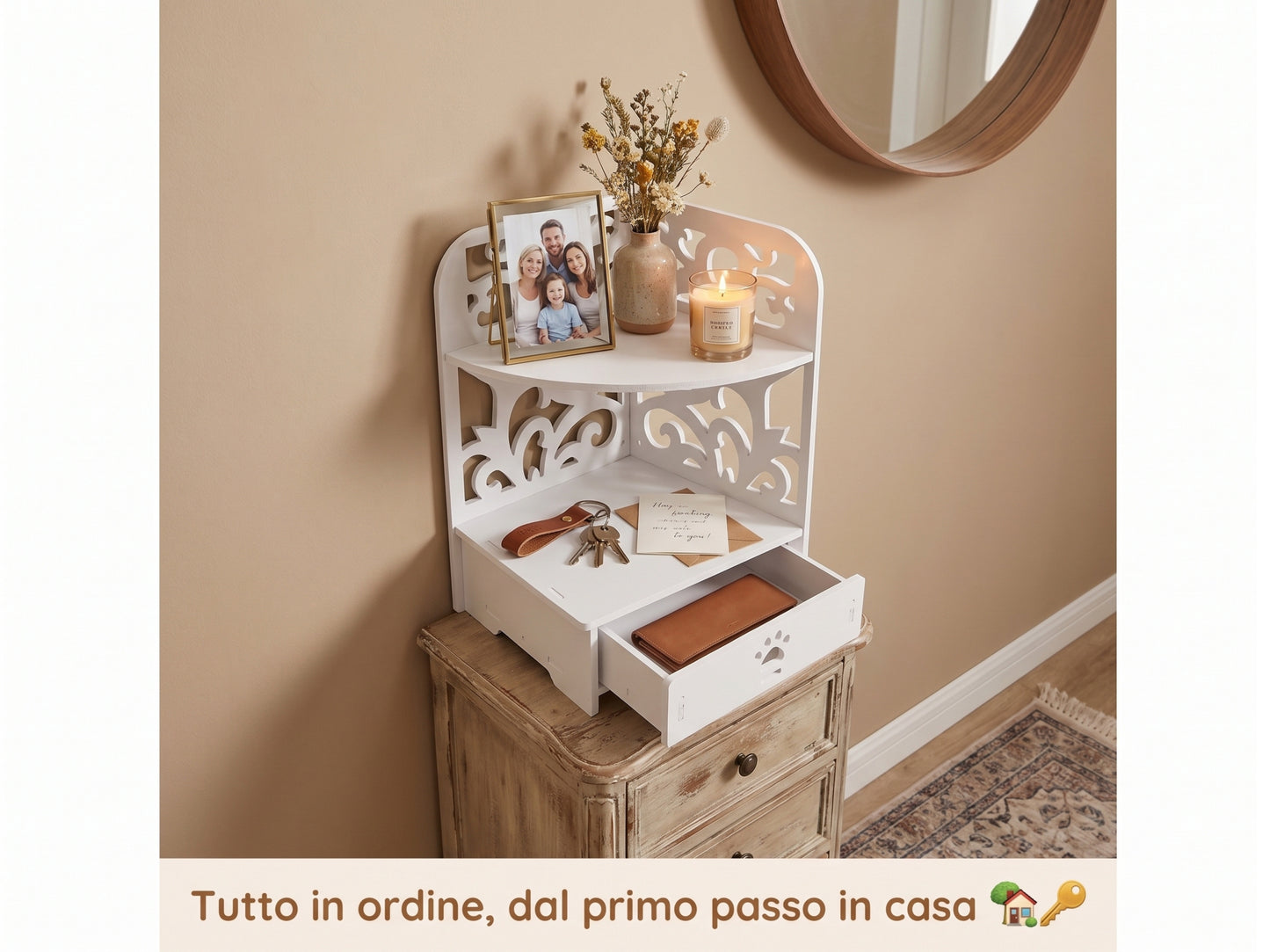 Scaffale Angolare Multifunzione con Cassetto - Organizzatore Salvaspazio per Casa e Ufficio (22x35x22cm)