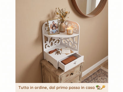 Scaffale Angolare Multifunzione con Cassetto - Organizzatore Salvaspazio per Casa e Ufficio (22x35x22cm)