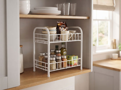 Organizer a 2 Ripiani in Metallo per Cucina e Bagno, Bianco - 32x20x36 cm