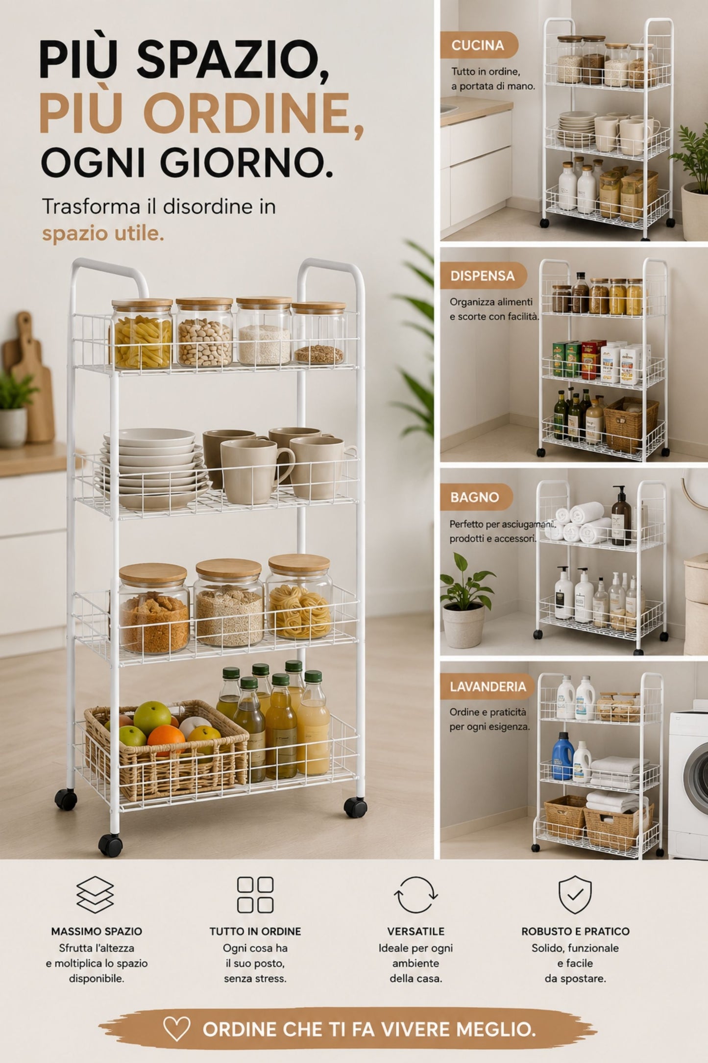 Carrello Salvaspazio a 4 Ripiani con Ruote per Cucina e Bagno, Bianco - 37.5x31.5x76 cm