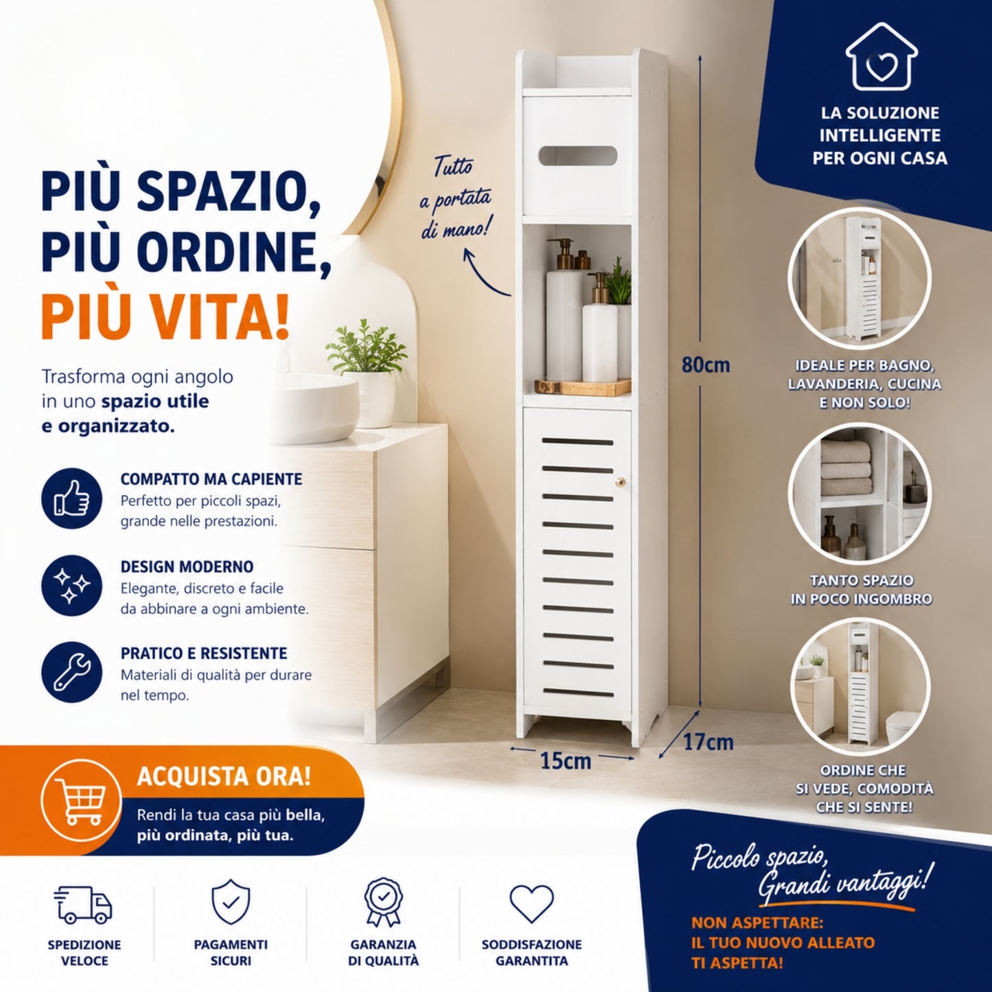 Mobiletto Bagno Salvaspazio 15x17x80cm, Colonna Sottile, Bianco