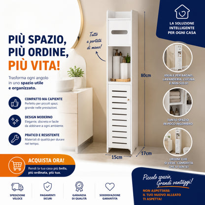 Mobiletto Bagno Salvaspazio 15x17x80cm, Colonna Sottile, Bianco