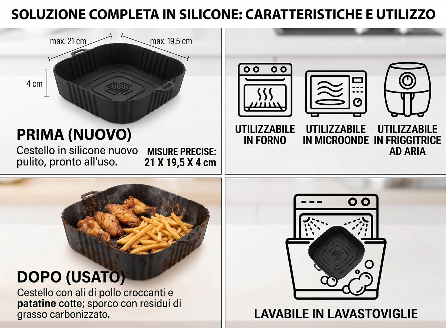 Cestello Quadrato in Silicone per Friggitrice ad Aria e Forno - 21 x 19,5 x 4 cm