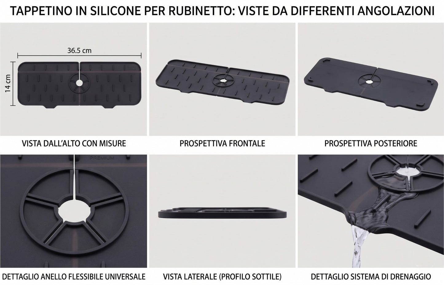 Tappetino in Silicone Paraspruzzi e Salvagoccia per Rubinetto Lavandino (36,5x14 cm)