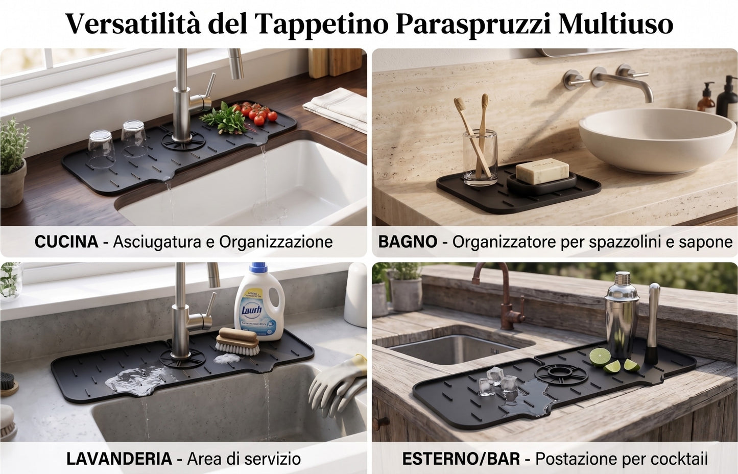Tappetino in Silicone Paraspruzzi e Salvagoccia per Rubinetto Lavandino (36,5x14 cm)
