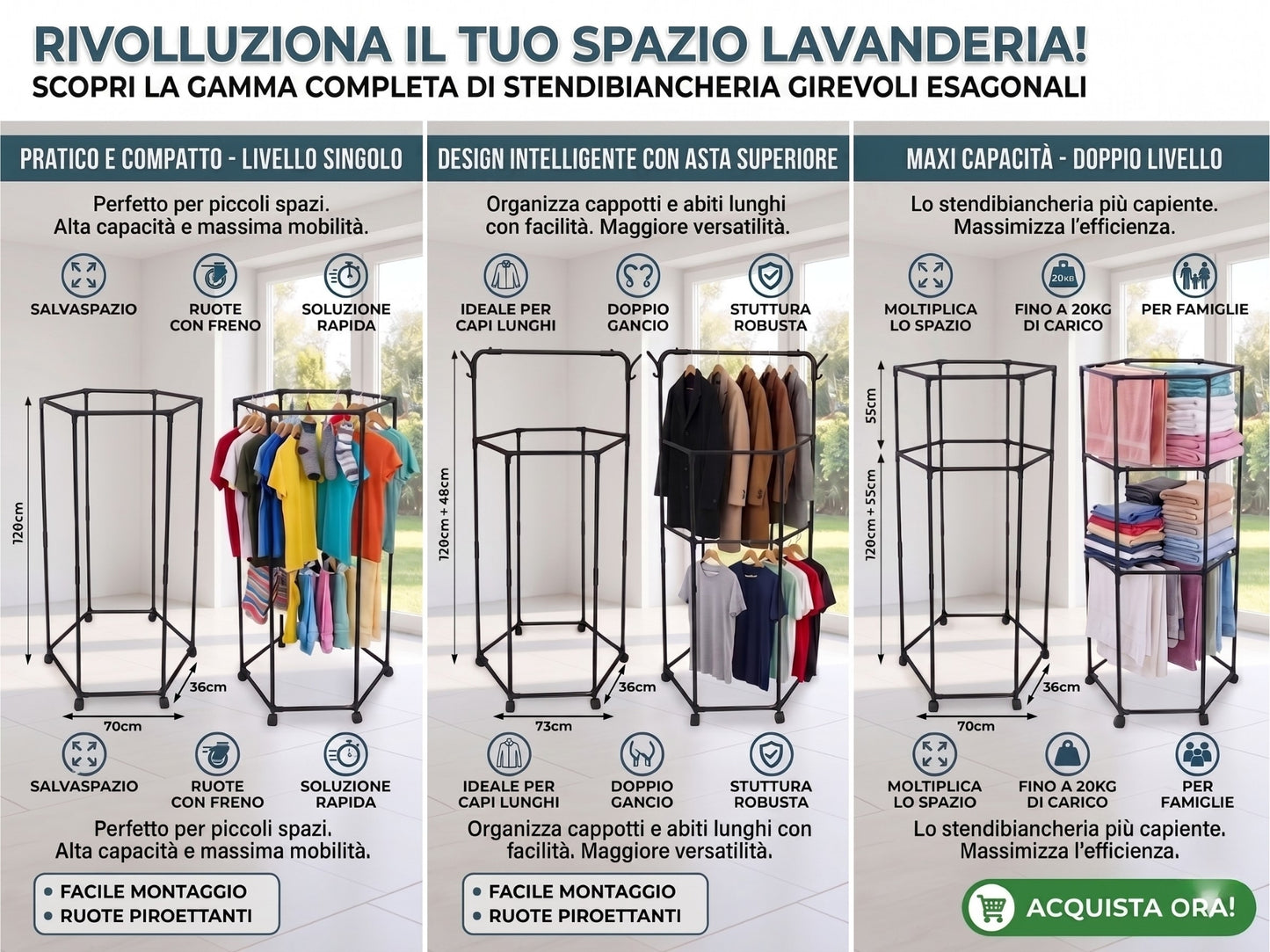 Stand Appendiabiti Rotante 360° con Ruote - Design Salvaspazio (3 Modelli)