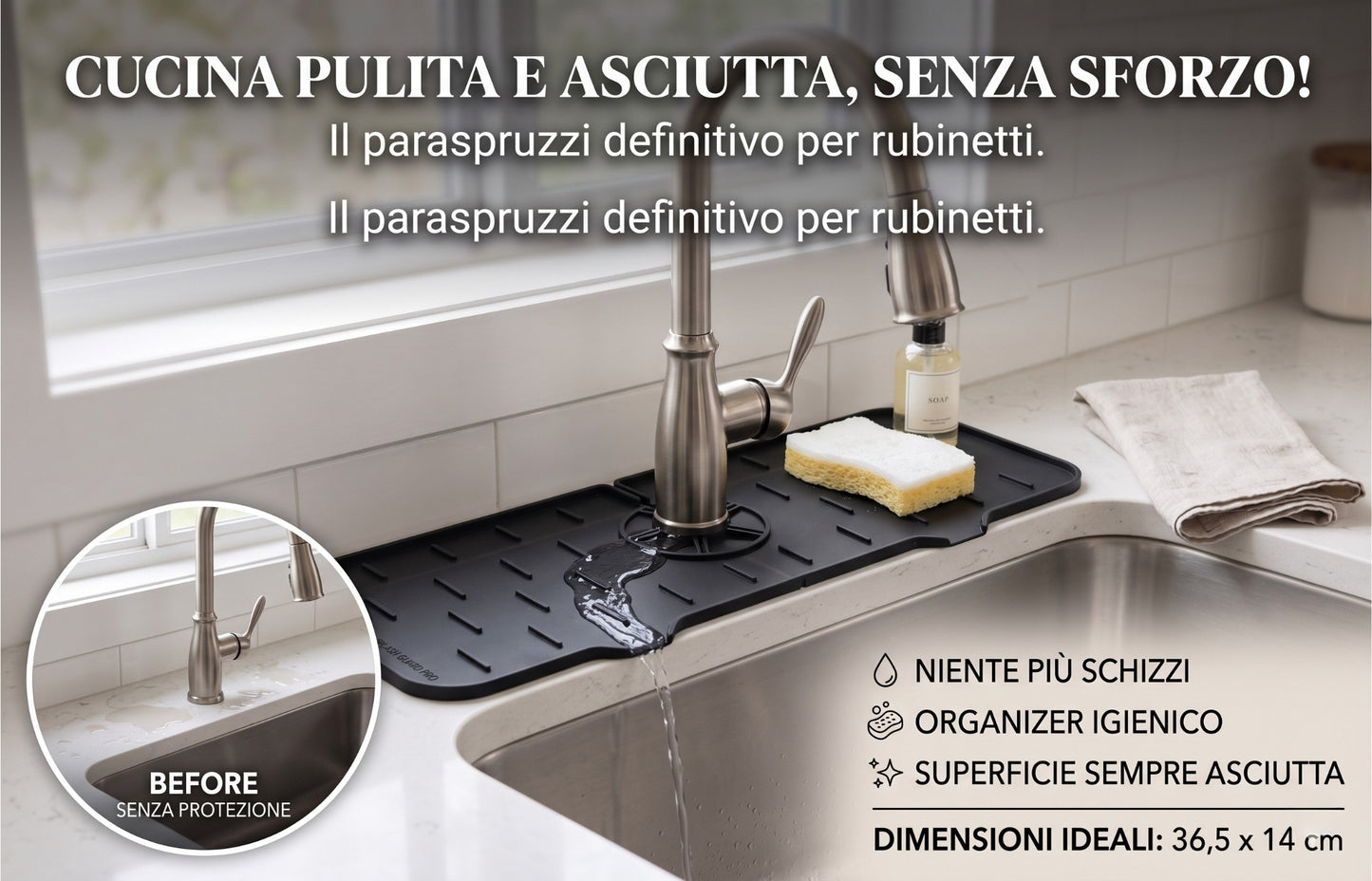 Tappetino in Silicone Paraspruzzi e Salvagoccia per Rubinetto Lavandino (36,5x14 cm)