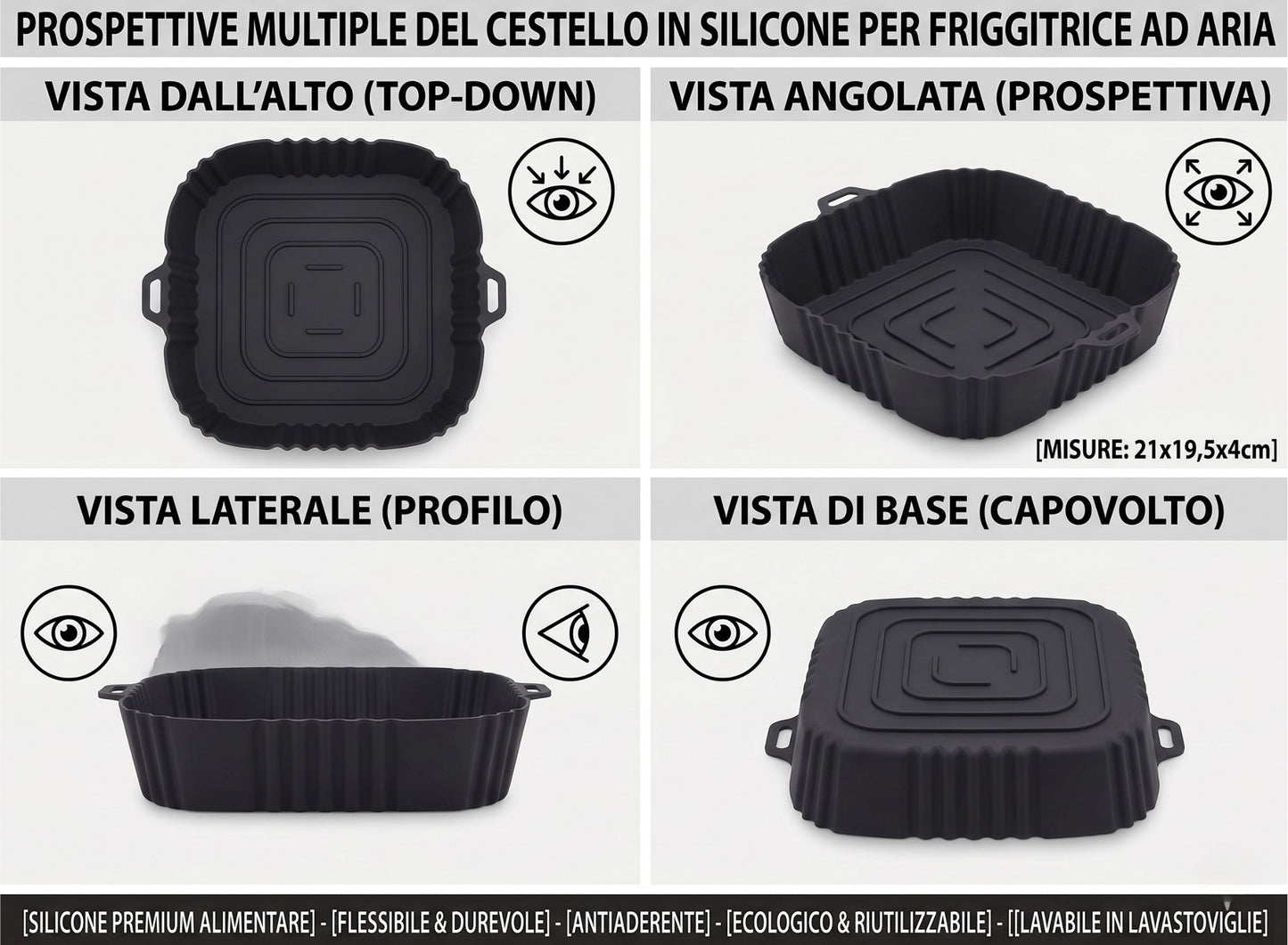 Cestello Quadrato in Silicone per Friggitrice ad Aria e Forno - 21 x 19,5 x 4 cm