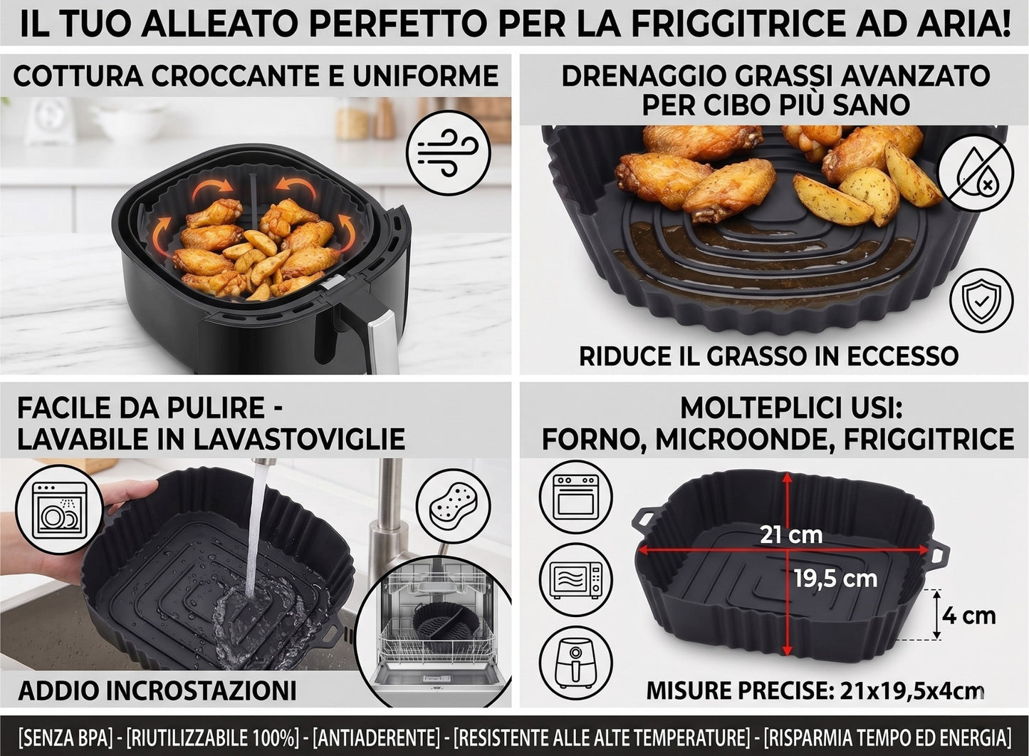 Cestello Quadrato in Silicone per Friggitrice ad Aria e Forno - 21 x 19,5 x 4 cm
