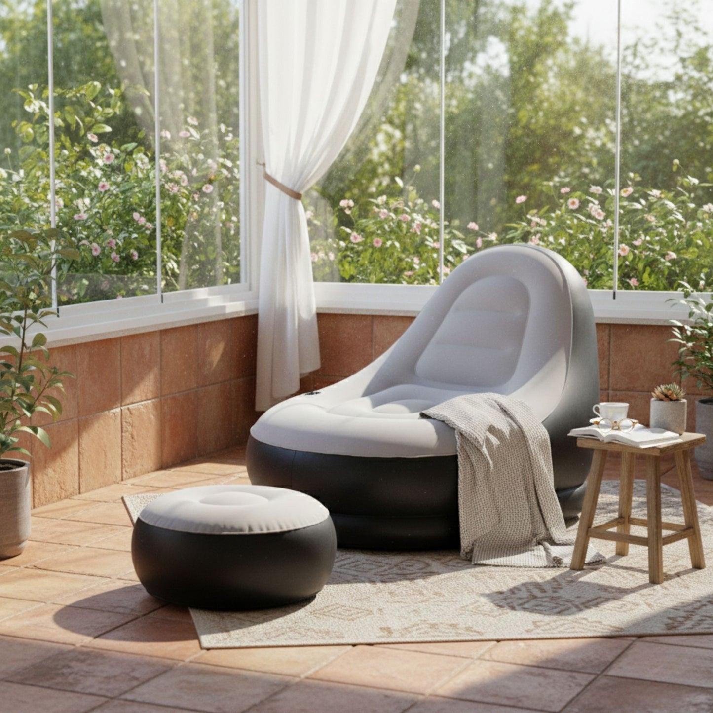 Poltrona gonfiabile con pouf poggiapiedi