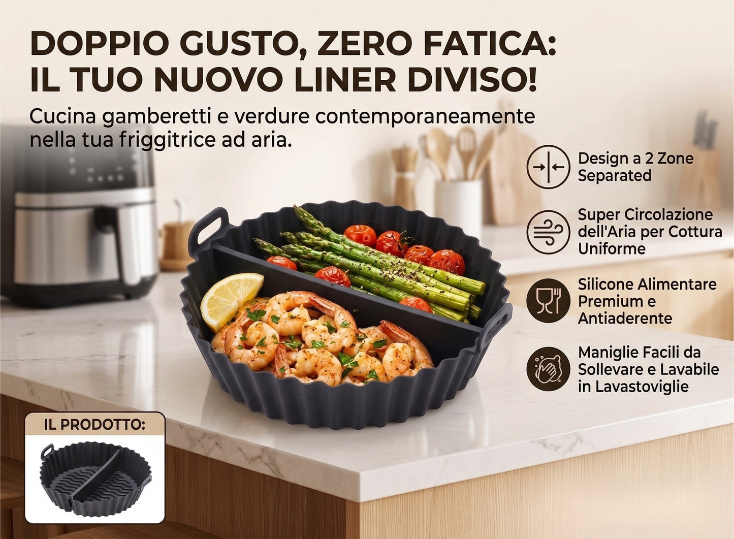Cestello in Silicone Doppio per Friggitrice ad Aria con Separatore (21x20 cm)