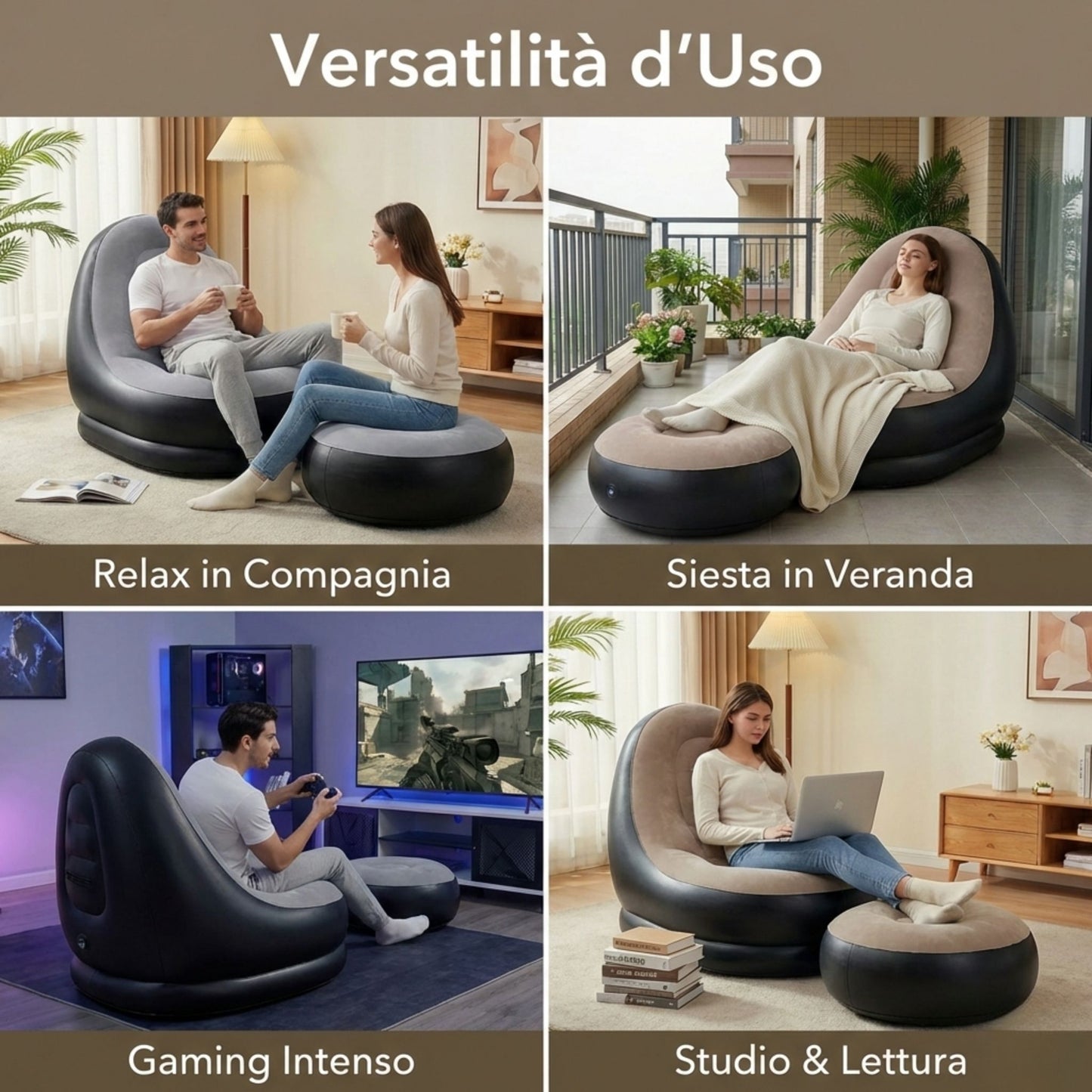 Poltrona gonfiabile con pouf poggiapiedi