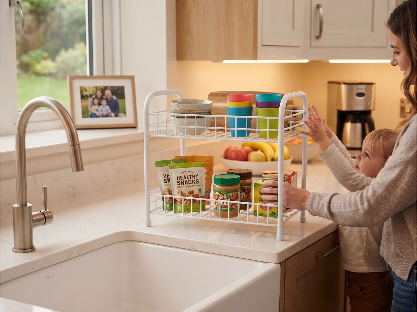 Organizer a 2 Ripiani in Metallo per Cucina e Bagno, Bianco - 32x20x36 cm