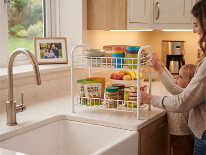 Organizer a 2 Ripiani in Metallo per Cucina e Bagno, Bianco - 32x20x36 cm