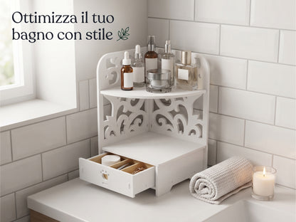 Scaffale Angolare Multifunzione con Cassetto - Organizzatore Salvaspazio per Casa e Ufficio (22x35x22cm)