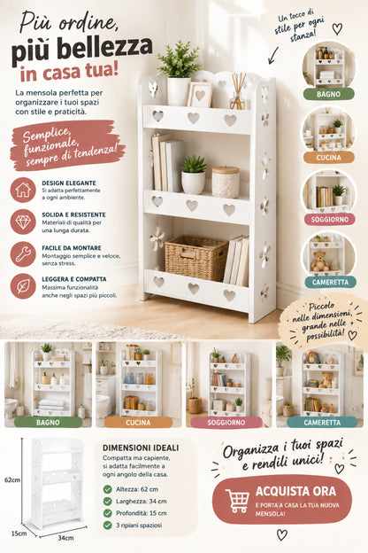 Scaffale a Ripiani - Organizzatore Multiuso Bianco con Decorazioni a Cuori, Mensola Salvaspazio (34x62x15cm)