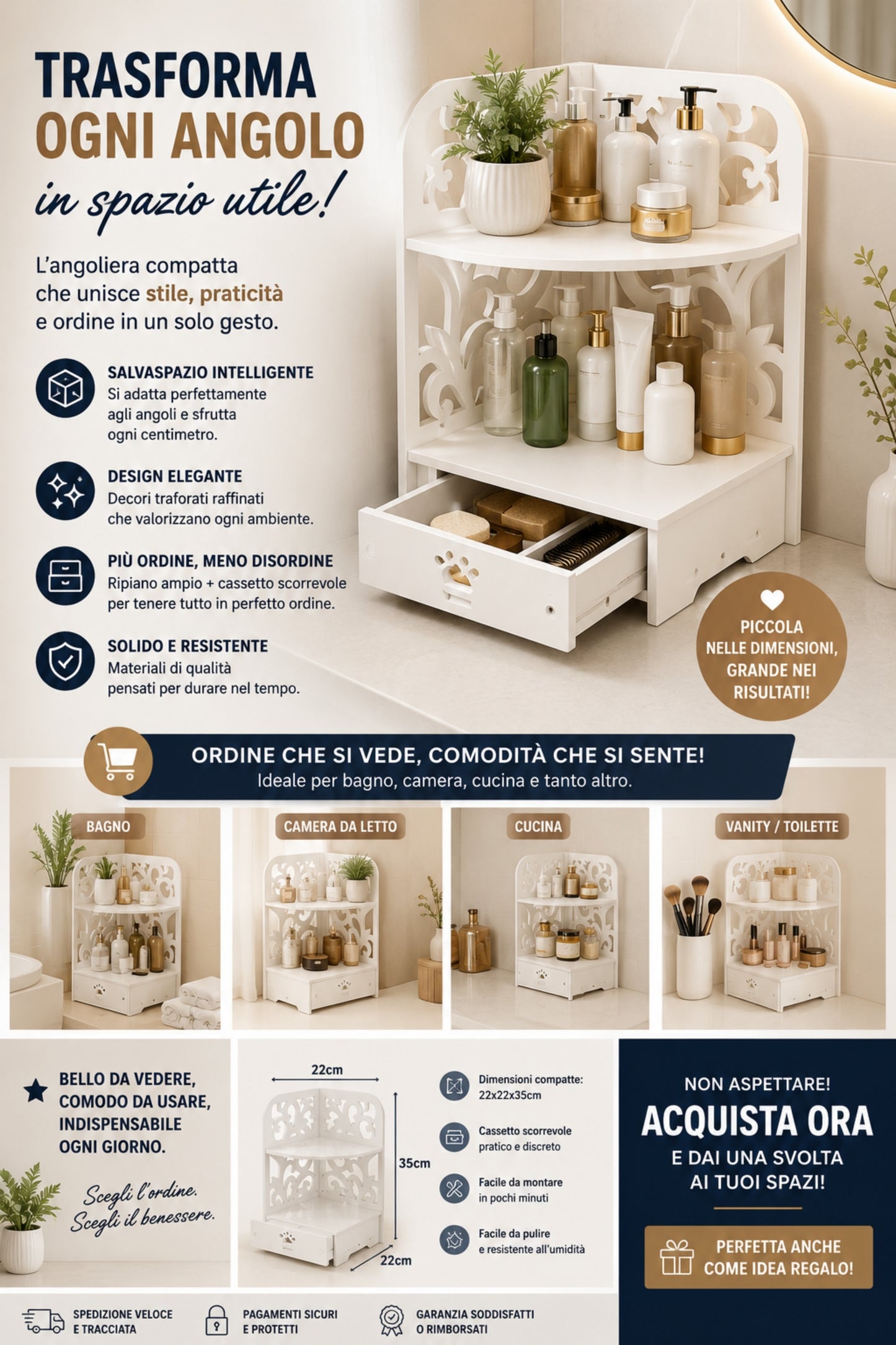 Scaffale Angolare Multifunzione con Cassetto - Organizzatore Salvaspazio per Casa e Ufficio (22x35x22cm)