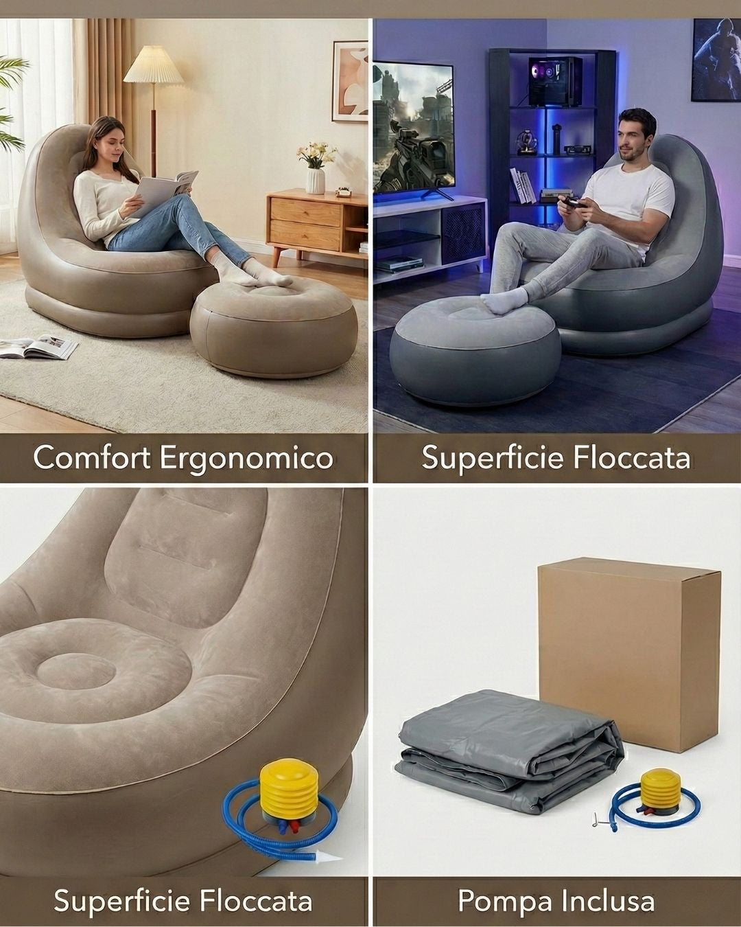 Poltrona gonfiabile con pouf poggiapiedi